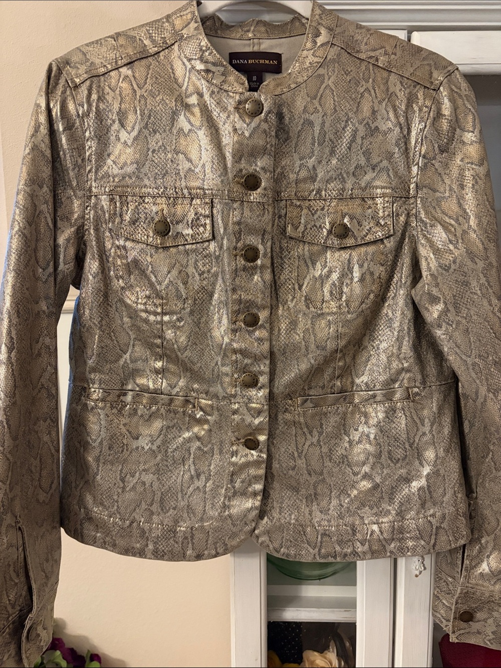 Dana Buchman foiled metallic gold snakeskin print jacket size 10.